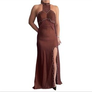 Jovani Gown with High Slit in Color Brown